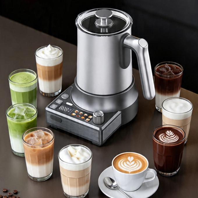 8-in-1 electric milk frother making hot foam for latte