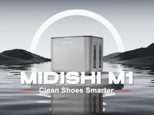 Midishi M1 automatic shoe washer and dryer unit, featuring a touch control panel and an open drum showing the internal cleaning brushes, for all-in-one shoe cleaning and sterilization.