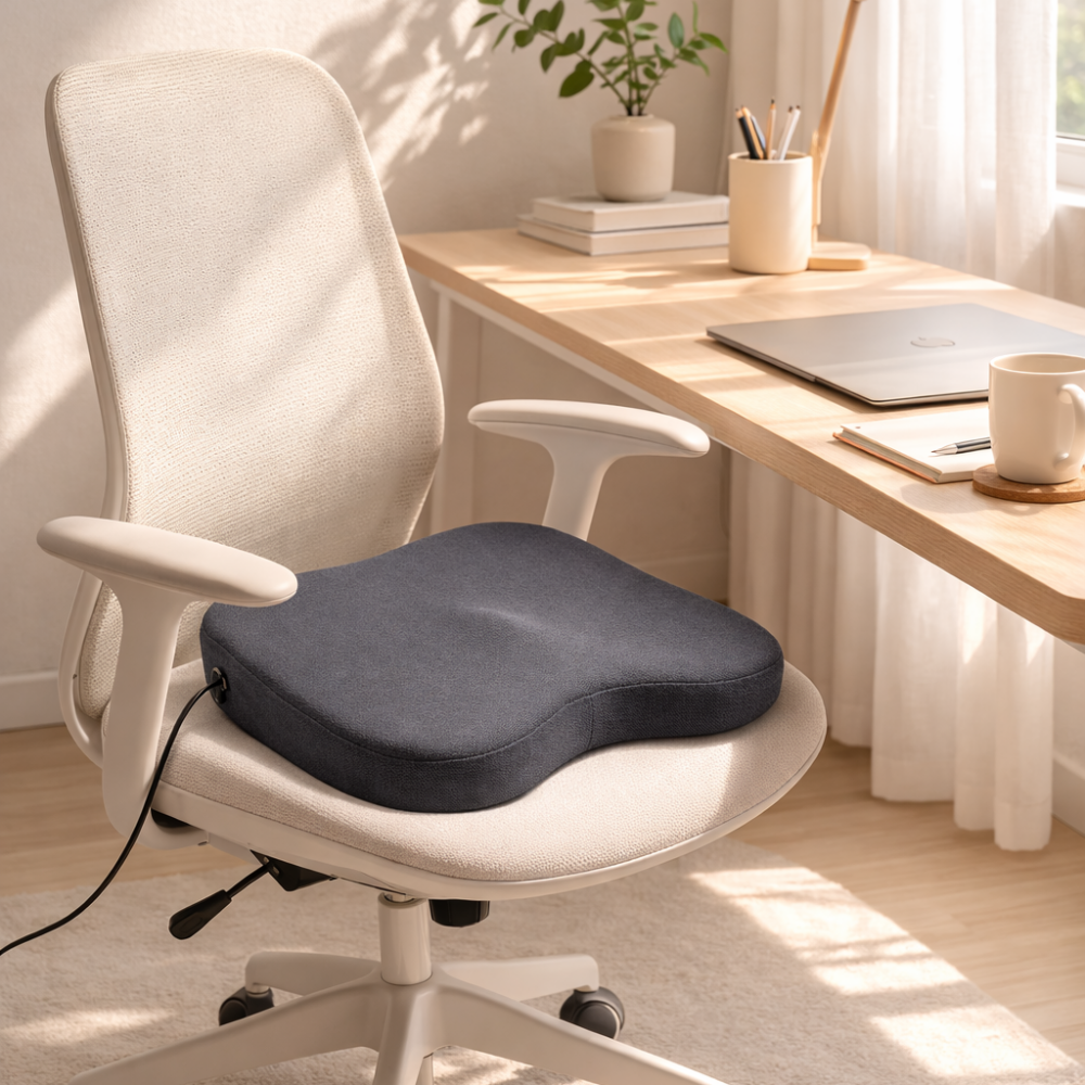 The PEYAKO Smart Cushion, a dark grey memory foam seat pad. A wired remote control with USB plug is visible, along with icons detailing features: Pelvic Core Engagement, Air Pressure Massage, Rhythmic Vibration, Safe Heating System, Premium Memory Foam, and Ergonomic Design.