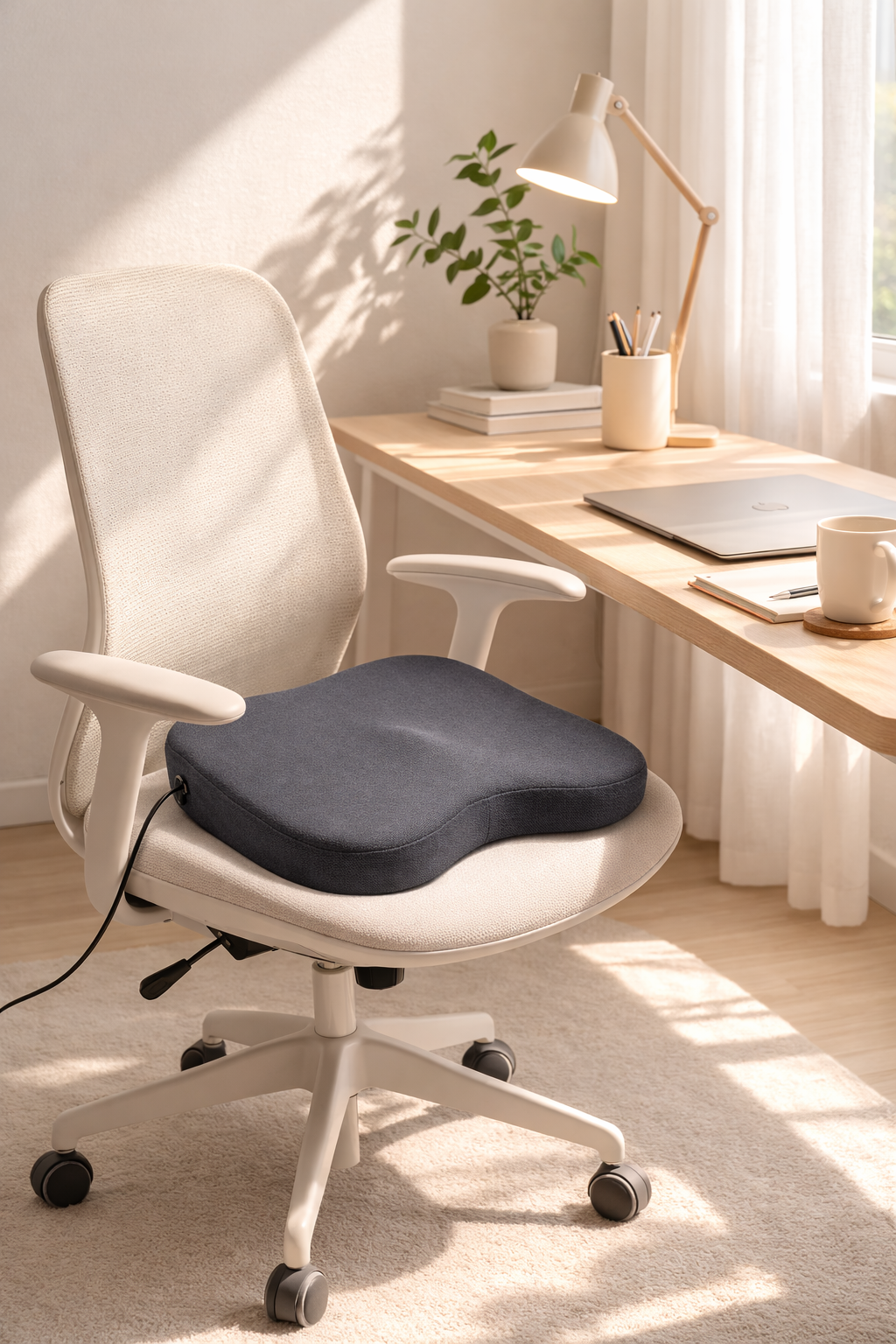 The PEYAKO Smart Cushion, a dark grey memory foam seat pad. A wired remote control with USB plug is visible, along with icons detailing features: Pelvic Core Engagement, Air Pressure Massage, Rhythmic Vibration, Safe Heating System, Premium Memory Foam, and Ergonomic Design.