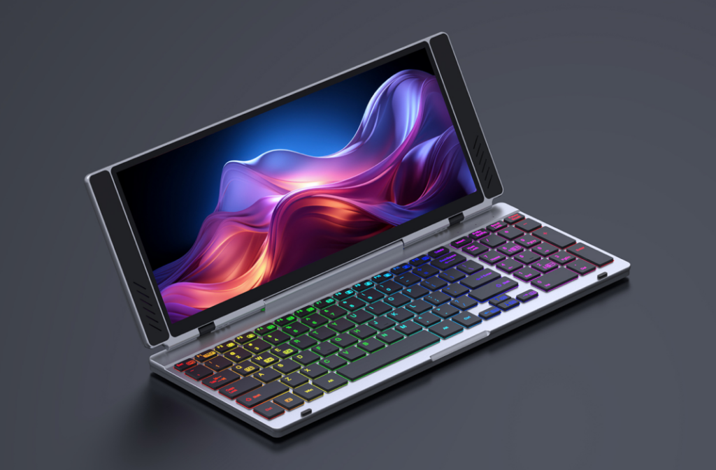 main view of VitaLink ultra-thin (20mm) foldable workspace device, showing the 13" 4K touchscreen, metal RGB keyboard, and 180° hinge design. Icons below illustrate features like 4K display, 10-finger touch, and multi-OS compatibility