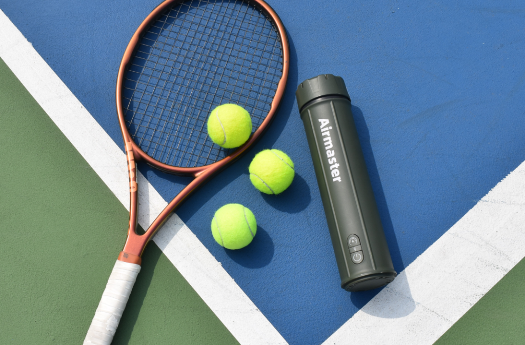 A four-panel product specifications infographic for the Airmaster Ball Butler, illustrating its key features including 50s Rapid Pressurization, One-Touch controls, 30PSI Smart Sensing, 3-Week Pressure Hold, and its compact size for sports bags