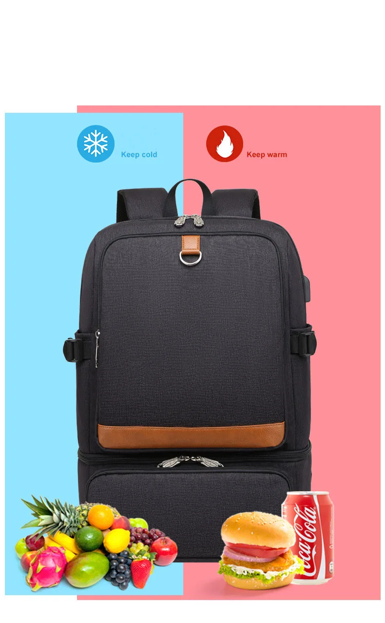 Fashion Black Laptop Backpack Compartment USB Waterproof Backpacks Cooler Bags Outdoor Hiking Thermal Insulated lunch Bag - Image 15