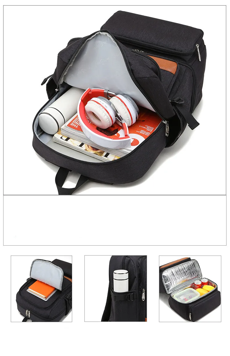 Fashion Black Laptop Backpack Compartment USB Waterproof Backpacks Cooler Bags Outdoor Hiking Thermal Insulated lunch Bag - Image 5